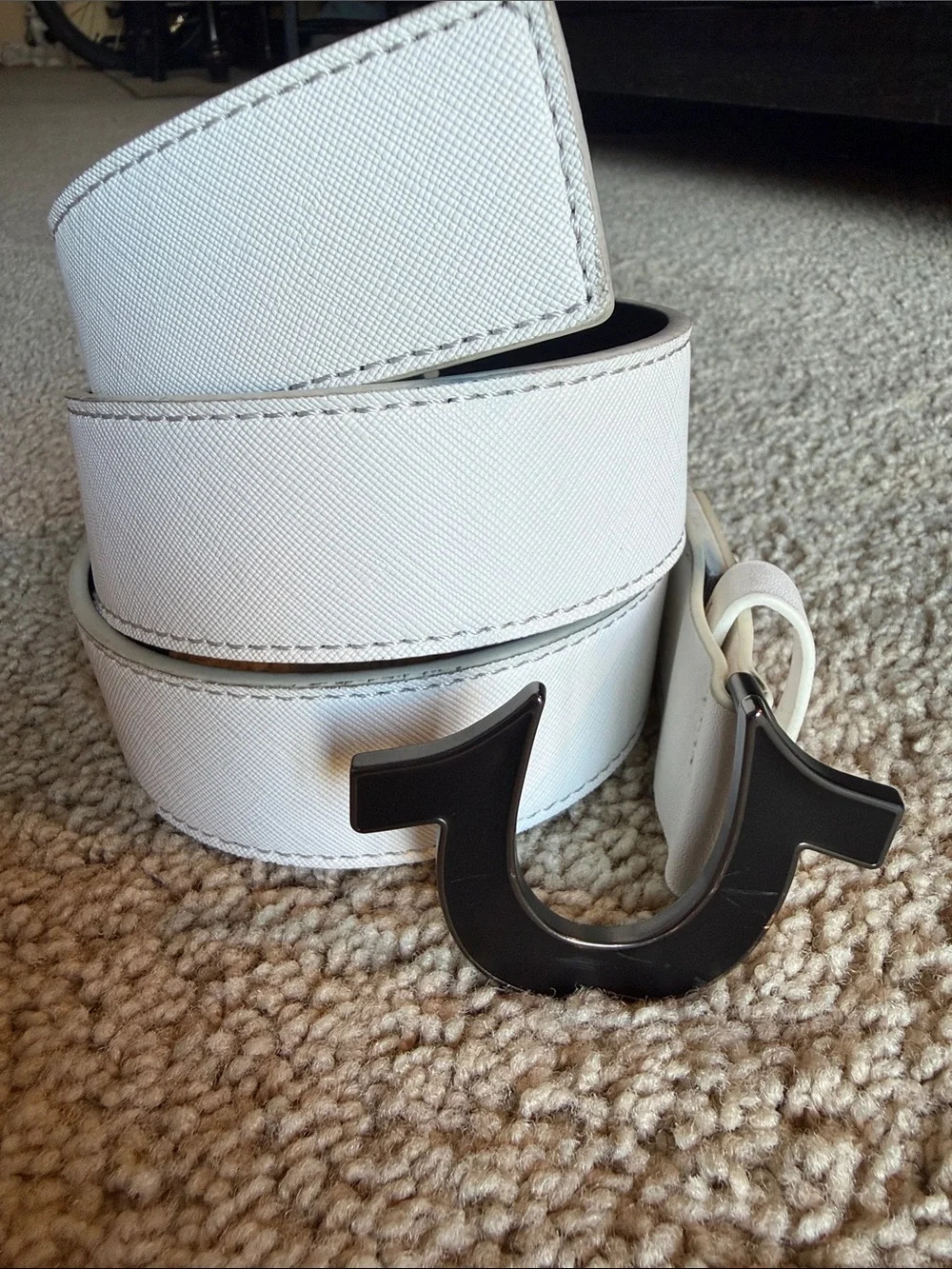 True Religion White Leather Belt with Black Horseshoe Buckle